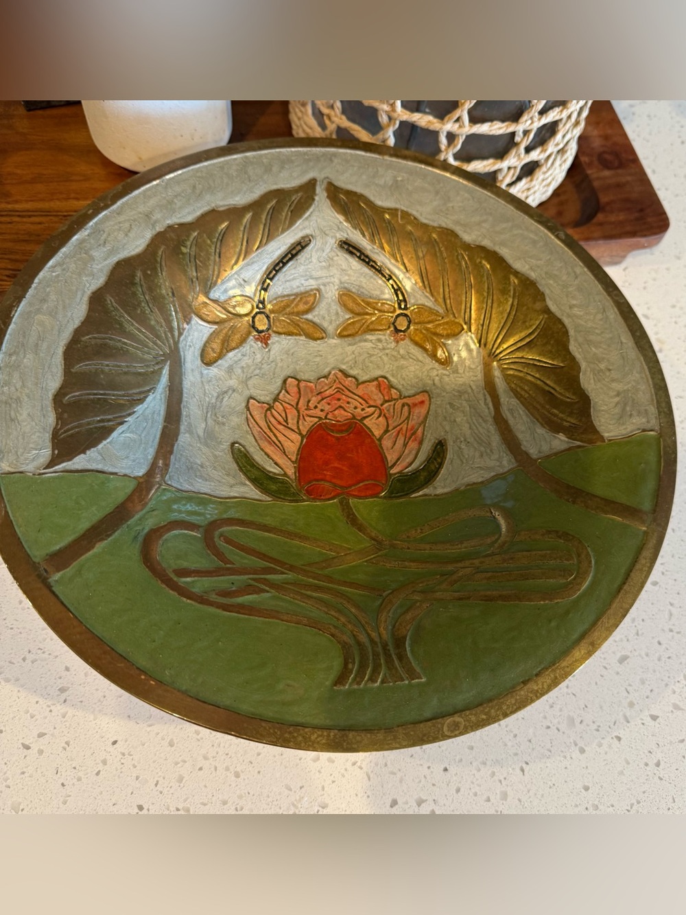 Vintage Lotus & Dragonflies Brass Enamel Pedestal Bowl, Made in India, 12 inch